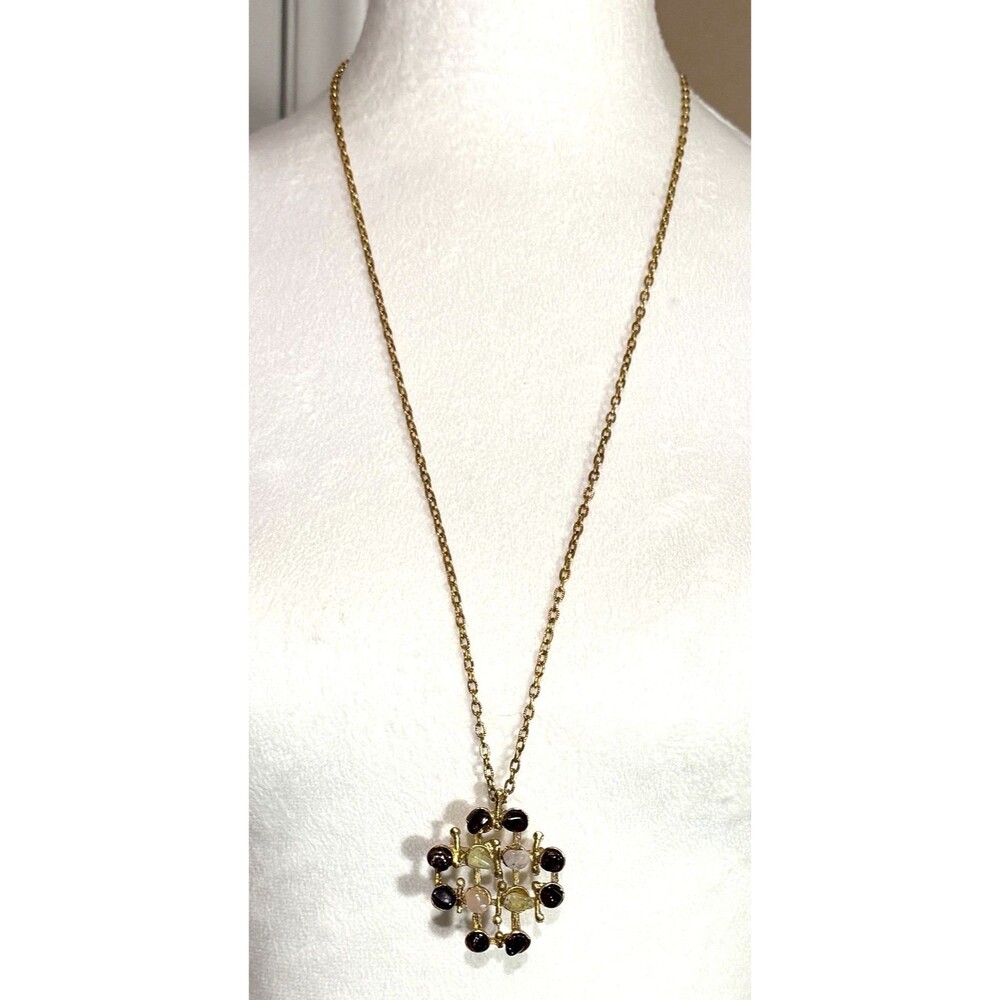 Vtg 1960s Brutalist Cross Pendant Necklace Convertible Brooch Multi Stone Gold
